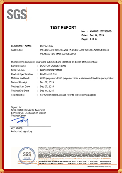 certificato sgs per borsa termica medica morbida